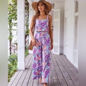 SHEIN VCAY Allover Floral Print Wide Leg Cami Jumpsuit